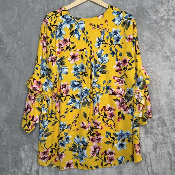 John Mark Blouse Womens Large Yellow Floral Ruffle Bell Sleeve Hi-Low V-Neck - Picture 2 of 10